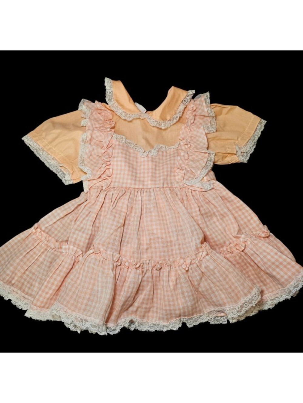 VTG Miniworld 2T Peach Pink Apron‎ Dress Tiered Ruffles Peter Pan Collar READ
